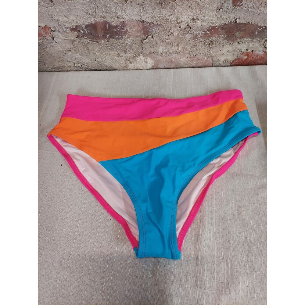 AQUA EVE Womens Swimsuit Bottoms L Multicolor High Waisted Color Block Swimwear